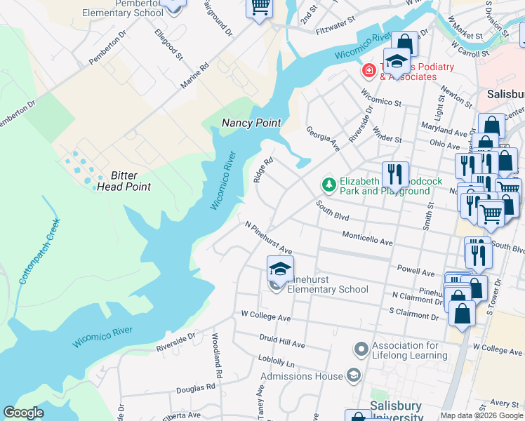 map of restaurants, bars, coffee shops, grocery stores, and more near 631 Ridge Road in Salisbury