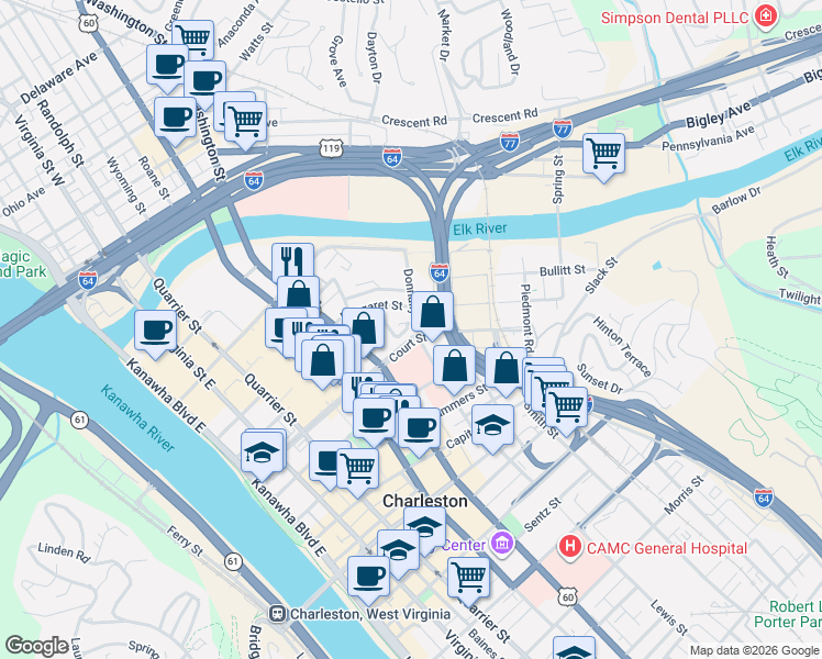 map of restaurants, bars, coffee shops, grocery stores, and more near 7 Downing Street in Charleston