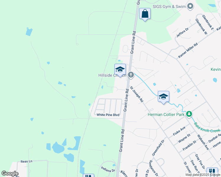 map of restaurants, bars, coffee shops, grocery stores, and more near 4727 Grant Line Road in New Albany