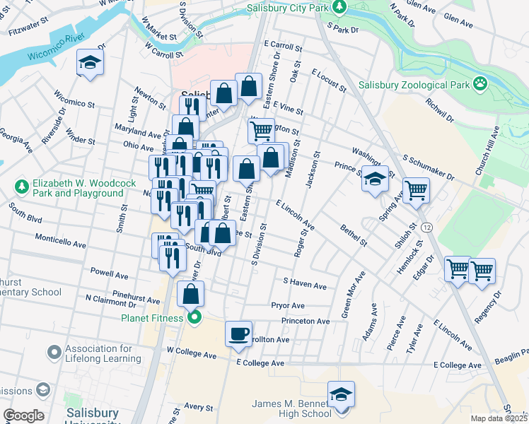 map of restaurants, bars, coffee shops, grocery stores, and more near 809 South Division Street in Salisbury