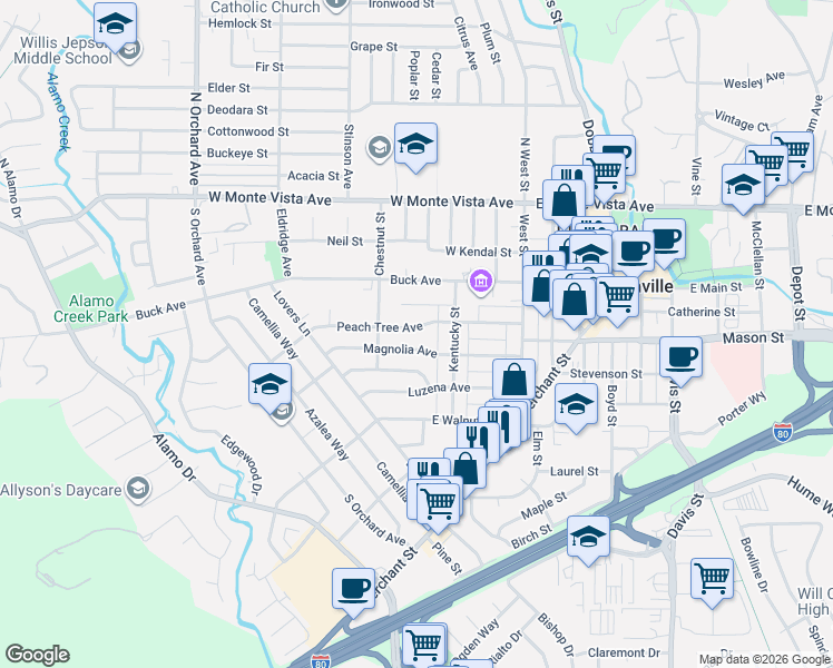 map of restaurants, bars, coffee shops, grocery stores, and more near 249 Peach Tree Avenue in Vacaville