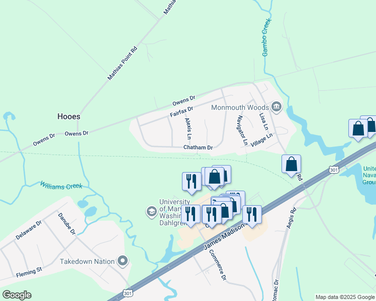 map of restaurants, bars, coffee shops, grocery stores, and more near 4239 Chatham Drive in King George