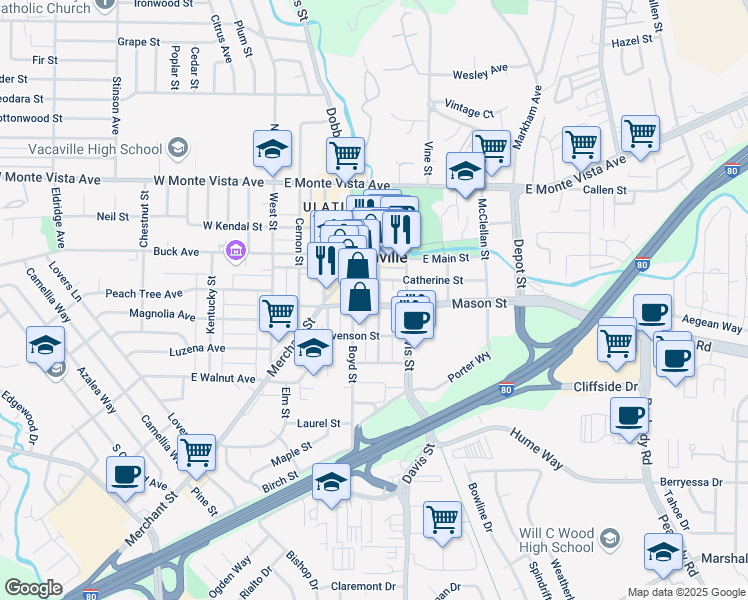 map of restaurants, bars, coffee shops, grocery stores, and more near 121B Elizabeth Street in Vacaville