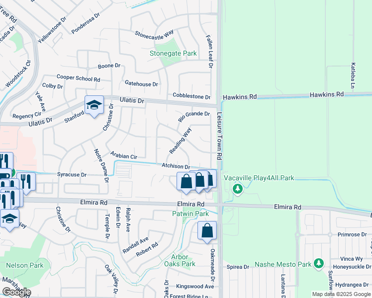 map of restaurants, bars, coffee shops, grocery stores, and more near 536 Topeka Lane in Vacaville