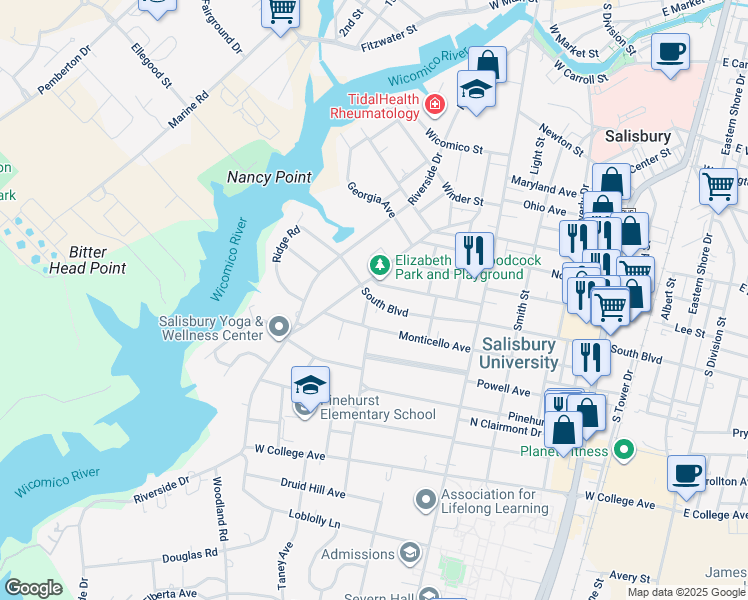map of restaurants, bars, coffee shops, grocery stores, and more near 433 South Boulevard in Salisbury