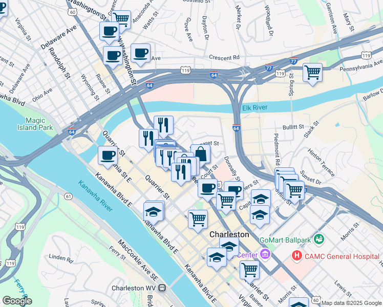 map of restaurants, bars, coffee shops, grocery stores, and more near 400 Washington Street in Charleston