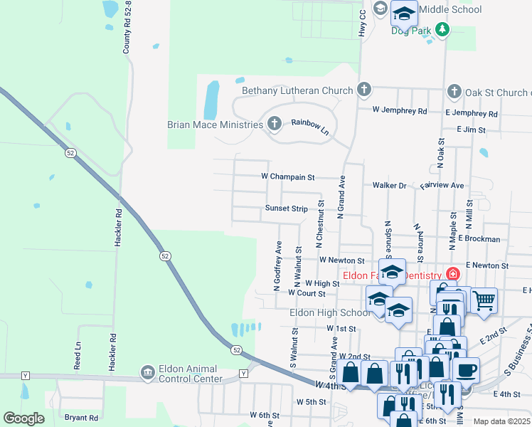 map of restaurants, bars, coffee shops, grocery stores, and more near 400 Pearl Street in Eldon