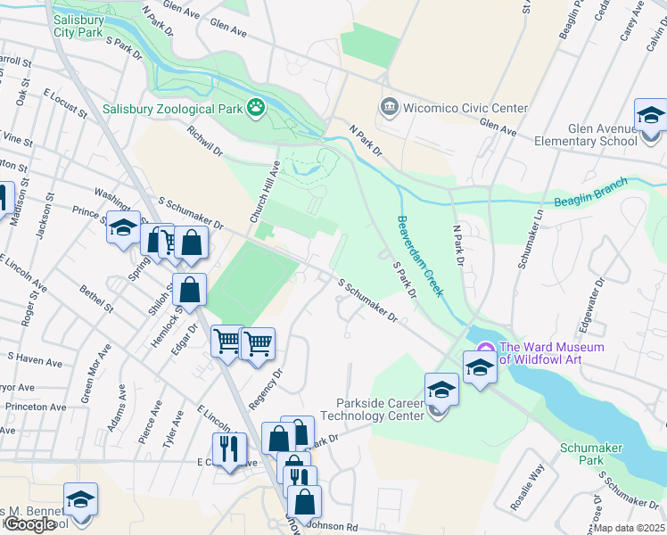 map of restaurants, bars, coffee shops, grocery stores, and more near 439 Parkview Court in Salisbury