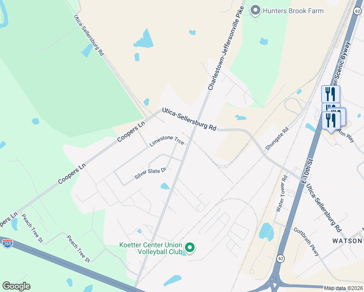 map of restaurants, bars, coffee shops, grocery stores, and more near 4206 Silver Slate Drive in Jeffersonville