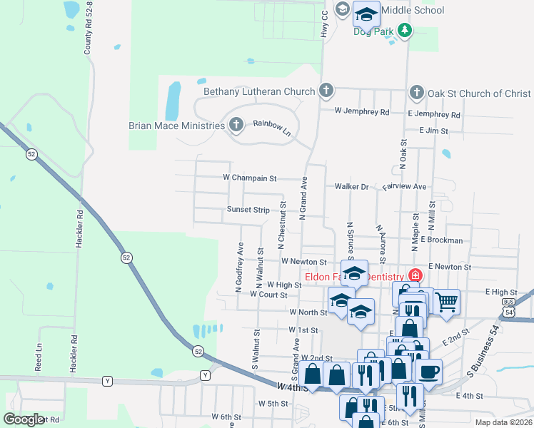 map of restaurants, bars, coffee shops, grocery stores, and more near 413-599 W Haven Dr in Eldon