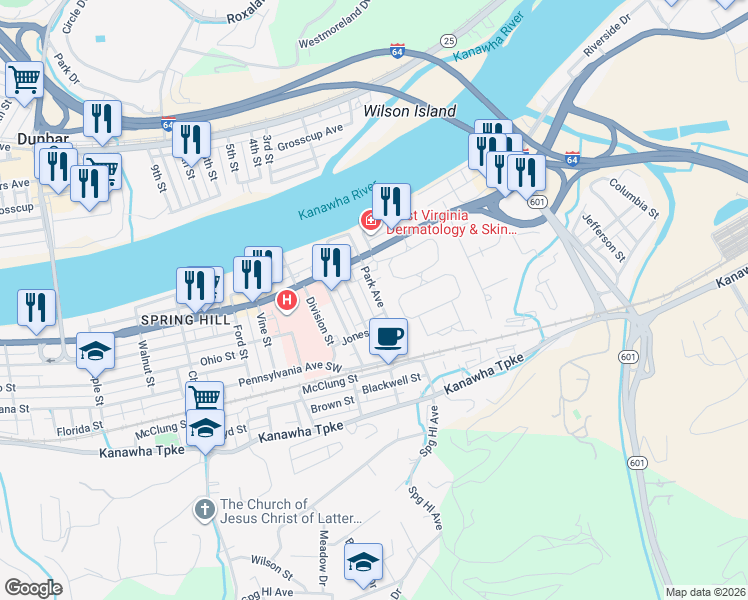 map of restaurants, bars, coffee shops, grocery stores, and more near 441 Alley in South Charleston