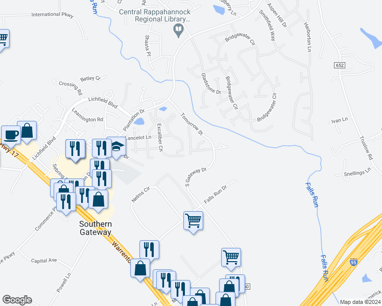 map of restaurants, bars, coffee shops, grocery stores, and more near 512 England Pointe Drive in Fredericksburg