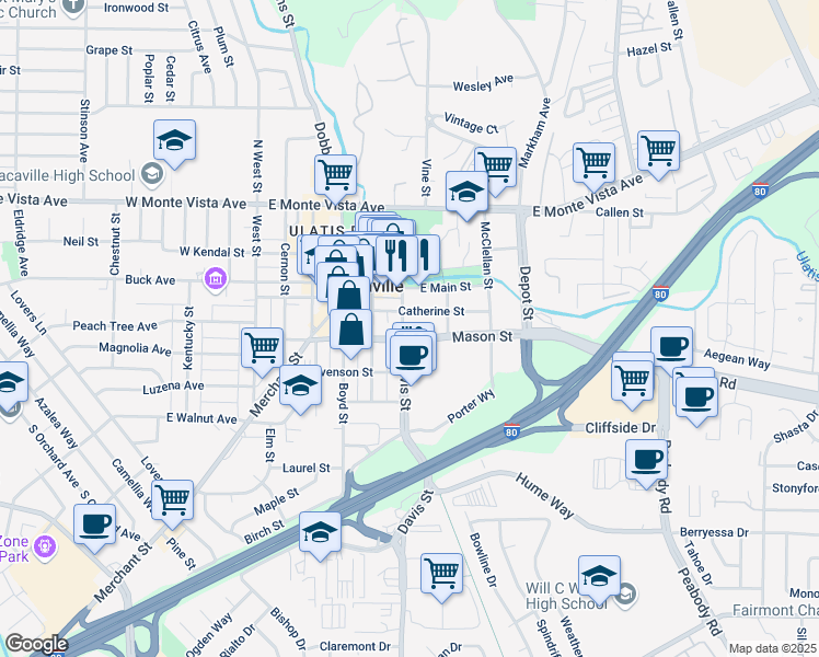map of restaurants, bars, coffee shops, grocery stores, and more near 555 Mason Street in Vacaville