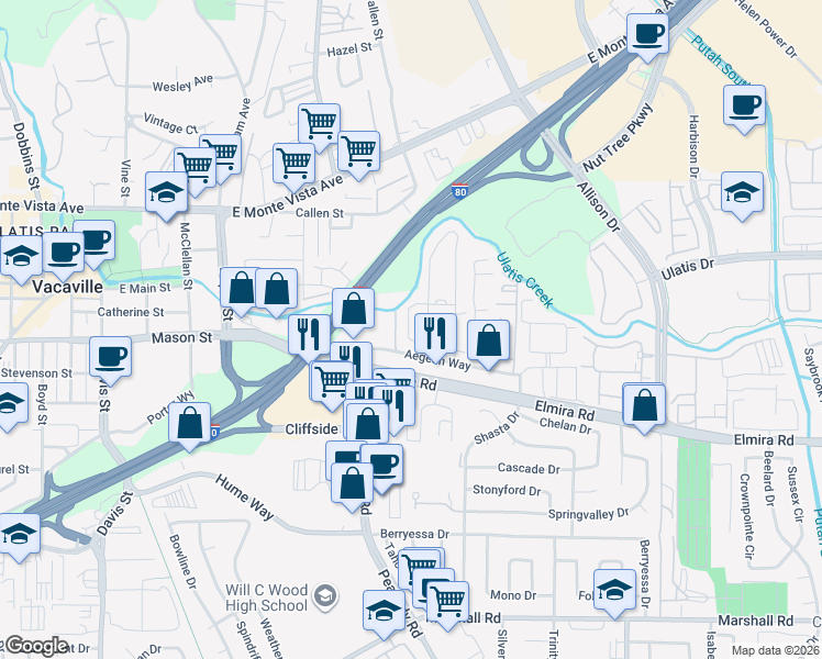 map of restaurants, bars, coffee shops, grocery stores, and more near 170 Sunset Circle in Vacaville