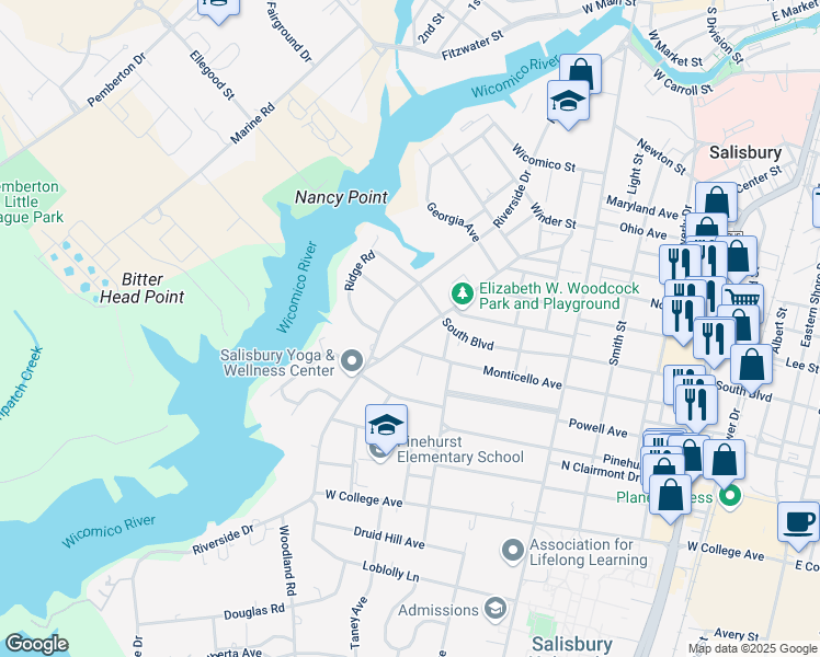 map of restaurants, bars, coffee shops, grocery stores, and more near 806 Logan Street in Salisbury