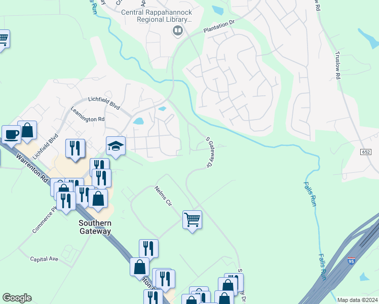 map of restaurants, bars, coffee shops, grocery stores, and more near 506 England Pointe Drive in Fredericksburg