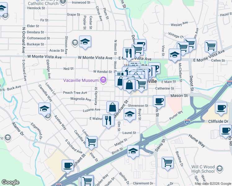 map of restaurants, bars, coffee shops, grocery stores, and more near 351 West Street in Vacaville