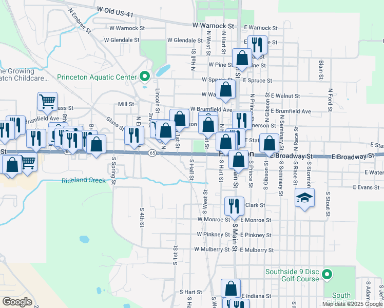 map of restaurants, bars, coffee shops, grocery stores, and more near 101 South Hall Street in Princeton