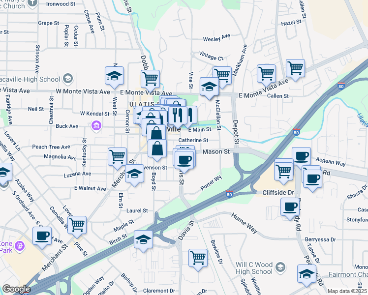 map of restaurants, bars, coffee shops, grocery stores, and more near 555 Mason Street in Vacaville