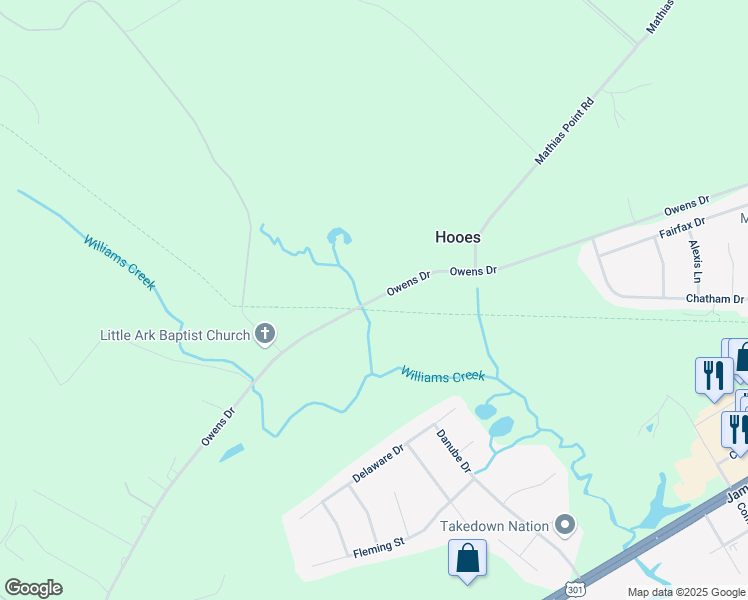 map of restaurants, bars, coffee shops, grocery stores, and more near Owens Drive in King George