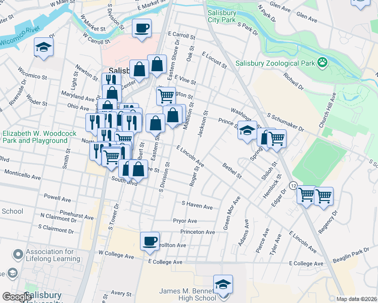 map of restaurants, bars, coffee shops, grocery stores, and more near 210A East Lincoln Avenue in Salisbury