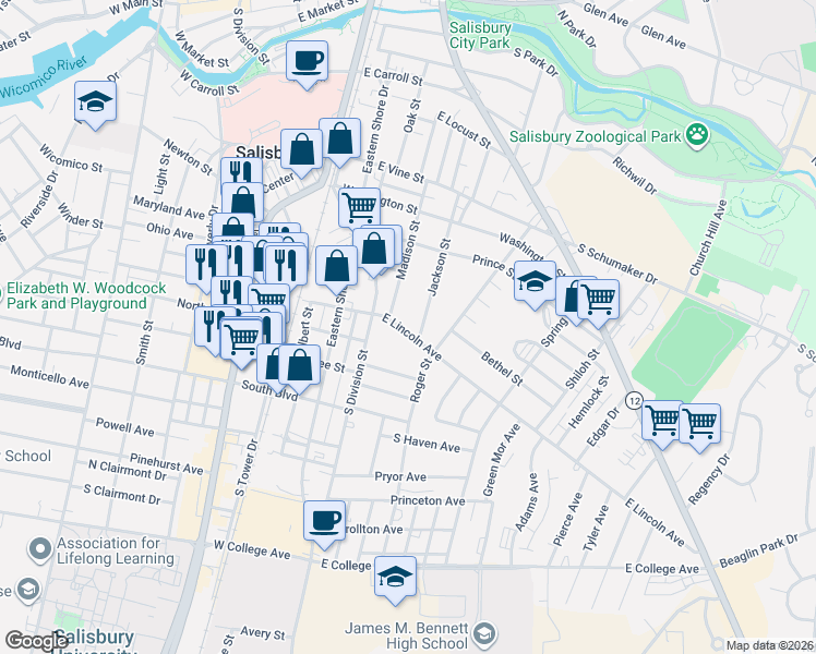 map of restaurants, bars, coffee shops, grocery stores, and more near 210A East Lincoln Avenue in Salisbury