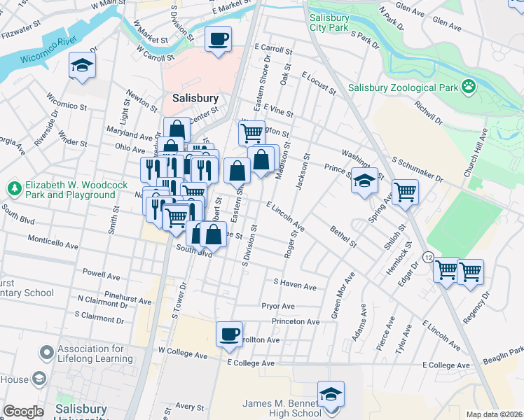 map of restaurants, bars, coffee shops, grocery stores, and more near 204 East Lincoln Avenue in Salisbury
