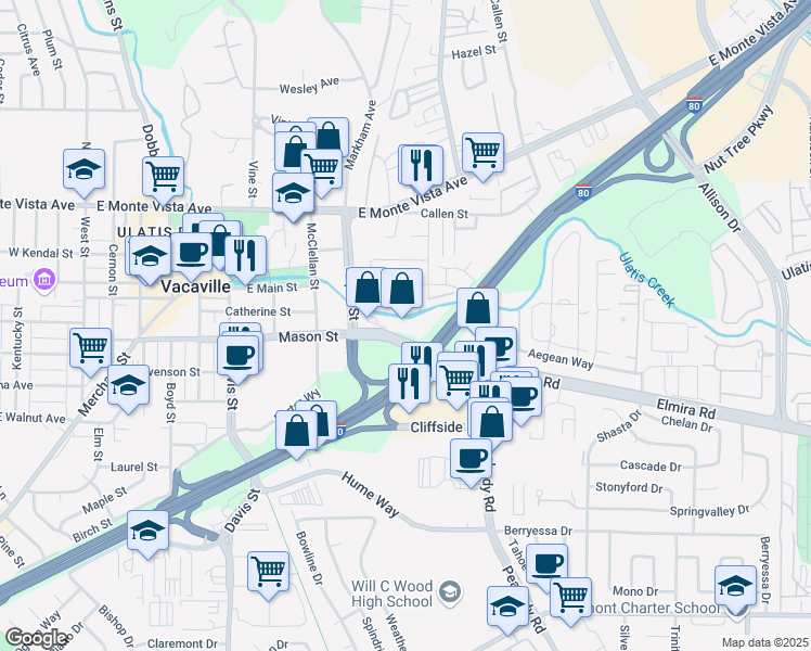 map of restaurants, bars, coffee shops, grocery stores, and more near 1011 Mason Street in Vacaville