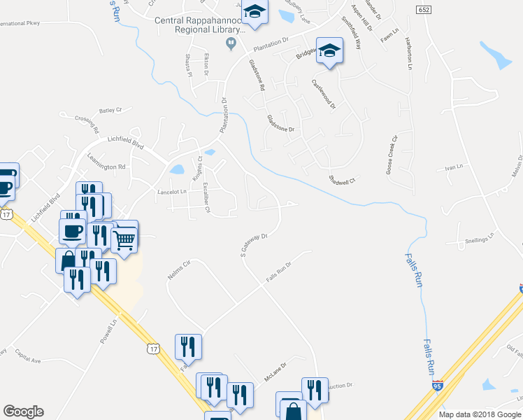 map of restaurants, bars, coffee shops, grocery stores, and more near 606 England Pointe Drive in Fredericksburg