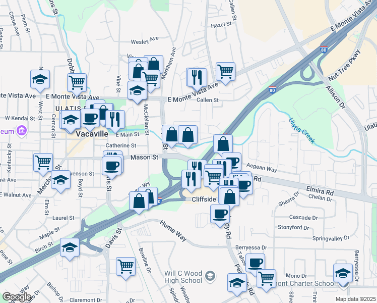 map of restaurants, bars, coffee shops, grocery stores, and more near 1011 Mason Street in Vacaville