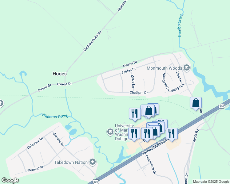 map of restaurants, bars, coffee shops, grocery stores, and more near 4314 Chatham Drive in King George