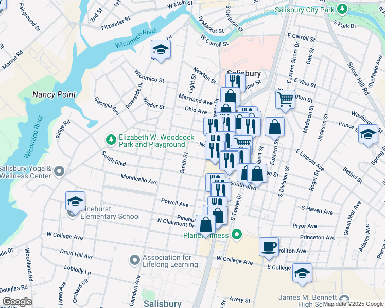 map of restaurants, bars, coffee shops, grocery stores, and more near 231 Middle Boulevard in Salisbury