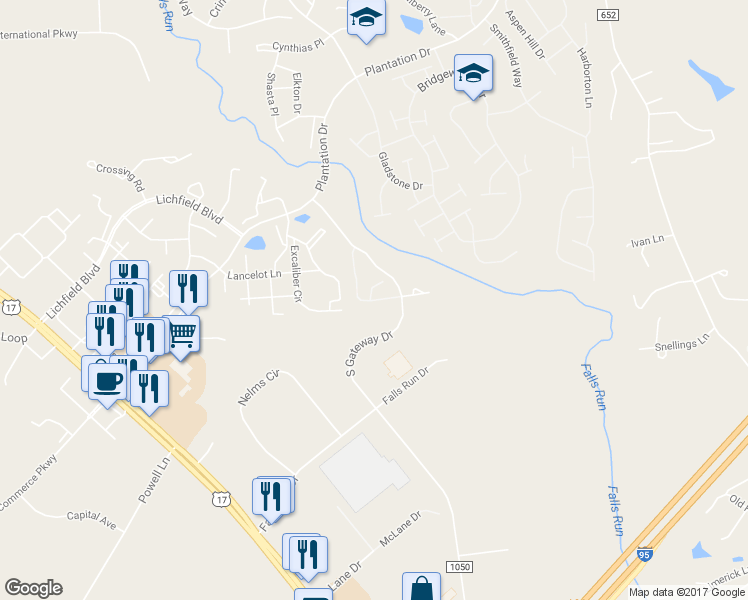 map of restaurants, bars, coffee shops, grocery stores, and more near 603 England Pointe Drive in Fredericksburg