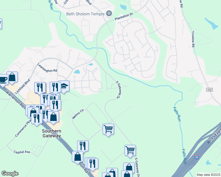 map of restaurants, bars, coffee shops, grocery stores, and more near 107 Castle Ridge Court in Fredericksburg