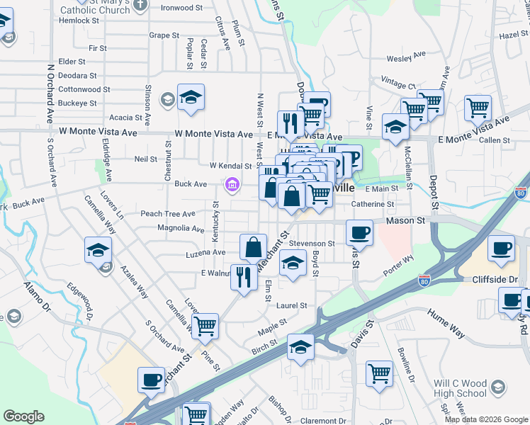 map of restaurants, bars, coffee shops, grocery stores, and more near 117 Mason Street in Vacaville