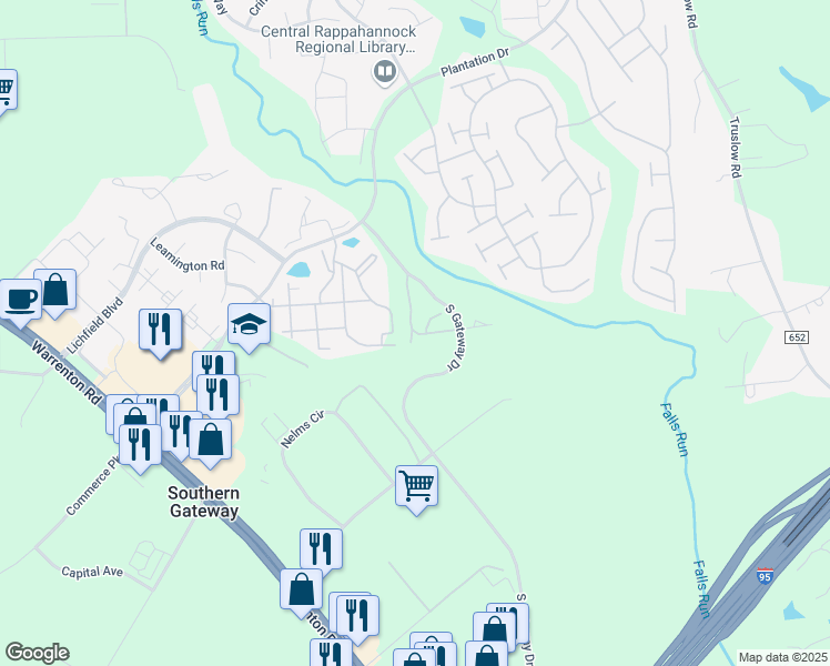 map of restaurants, bars, coffee shops, grocery stores, and more near 510 England Pointe Drive in Fredericksburg