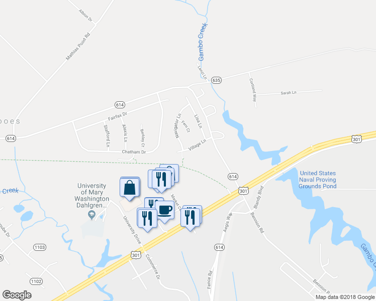 map of restaurants, bars, coffee shops, grocery stores, and more near 16982 Village Lane in King George