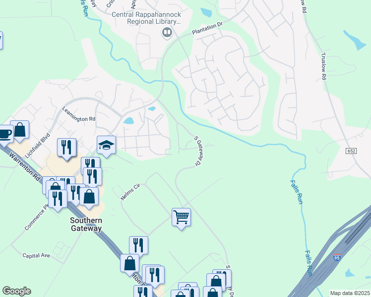 map of restaurants, bars, coffee shops, grocery stores, and more near 109 Castle Ridge Court in Fredericksburg