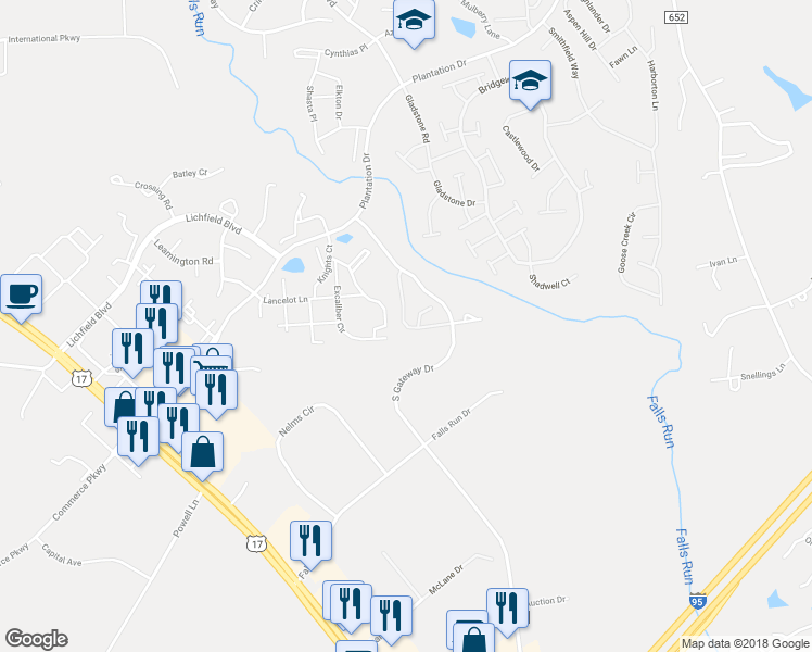 map of restaurants, bars, coffee shops, grocery stores, and more near 504 England Pointe Drive in Fredericksburg