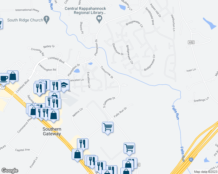 map of restaurants, bars, coffee shops, grocery stores, and more near 115 Castle Ridge Court in Fredericksburg