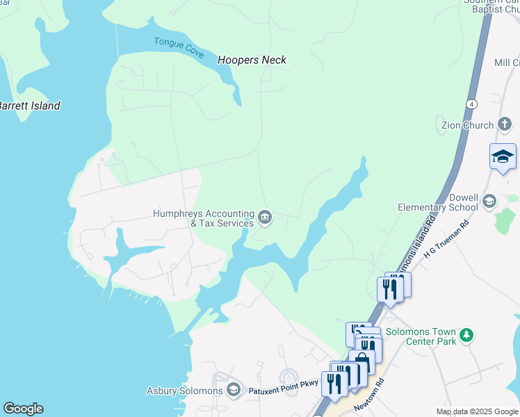 map of restaurants, bars, coffee shops, grocery stores, and more near 12855 Mccready Road in Lusby