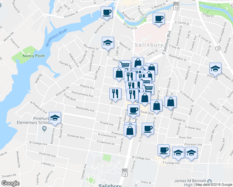 map of restaurants, bars, coffee shops, grocery stores, and more near 229 Middle Boulevard in Salisbury
