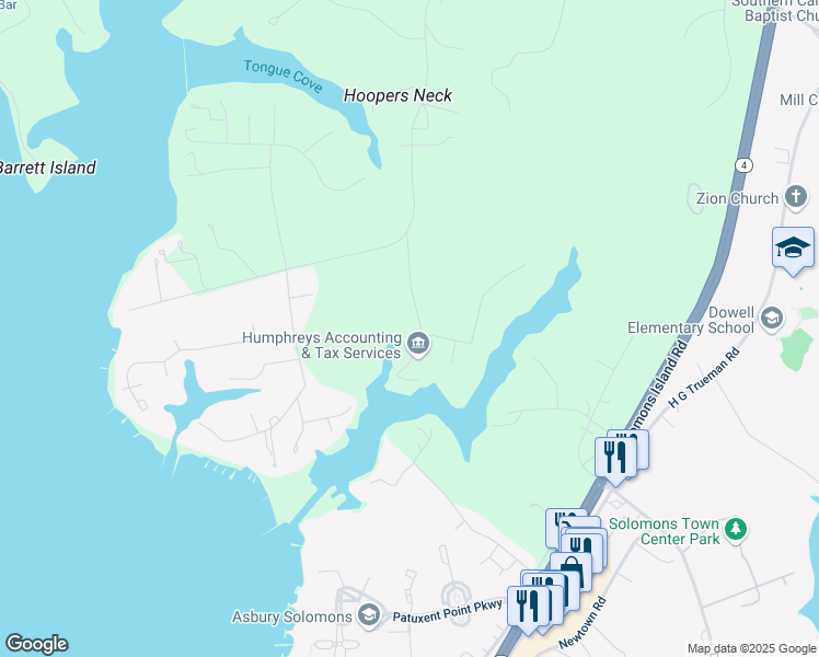 map of restaurants, bars, coffee shops, grocery stores, and more near 12855 Mccready Road in Lusby