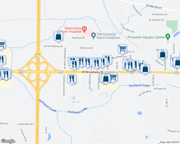 map of restaurants, bars, coffee shops, grocery stores, and more near 222 Kensington Drive in Princeton