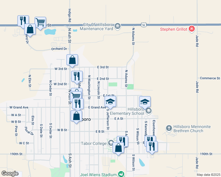 map of restaurants, bars, coffee shops, grocery stores, and more near 408 East 1st Street in Hillsboro