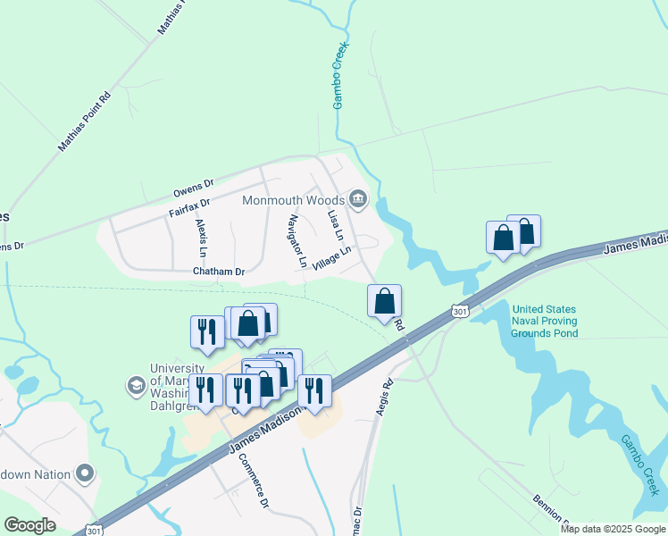 map of restaurants, bars, coffee shops, grocery stores, and more near 17014 Village Lane in King George