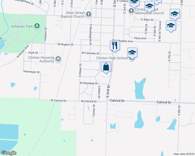map of restaurants, bars, coffee shops, grocery stores, and more near 101 West Glendale Drive in Clinton