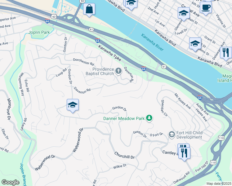 map of restaurants, bars, coffee shops, grocery stores, and more near 611 Wayside Drive in Charleston
