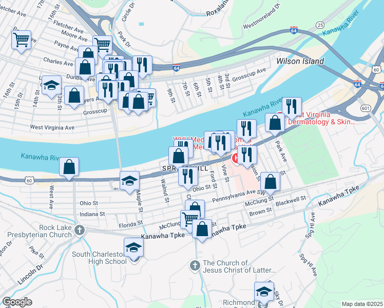 map of restaurants, bars, coffee shops, grocery stores, and more near 4815 Kanawha Avenue Southwest in Charleston