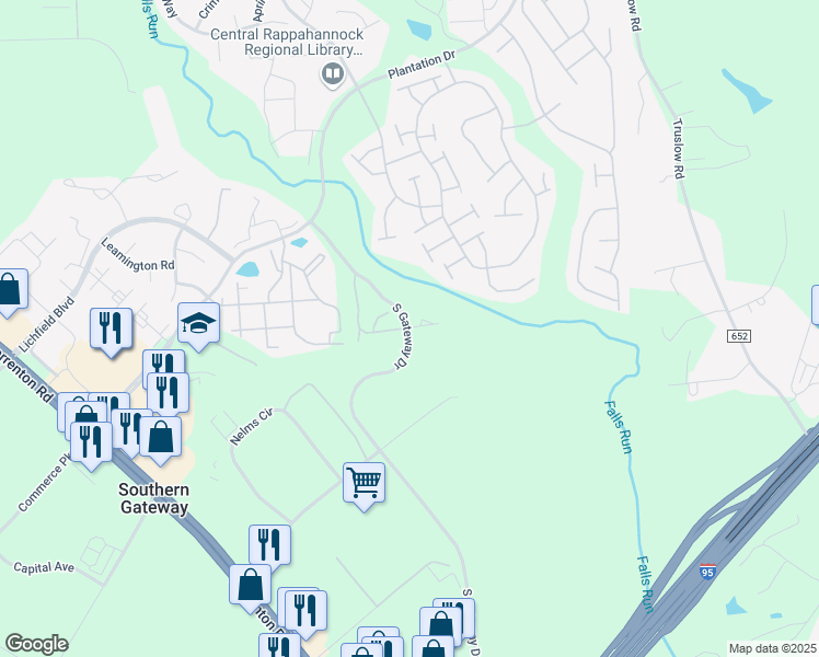 map of restaurants, bars, coffee shops, grocery stores, and more near 104 Noble Court in Fredericksburg